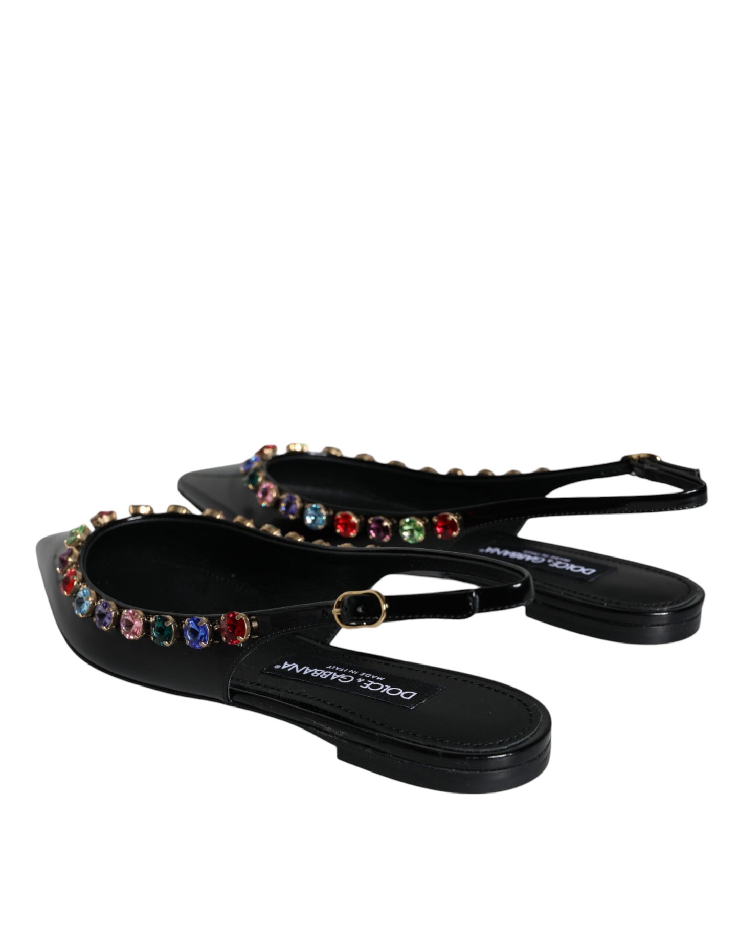 Dolce & Gabbana Black Leather Crystal Flats Slingback Shoes