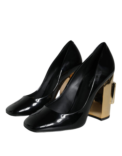 Dolce & Gabbana Black Gold Patent Leather Logo Heels Pumps Shoes