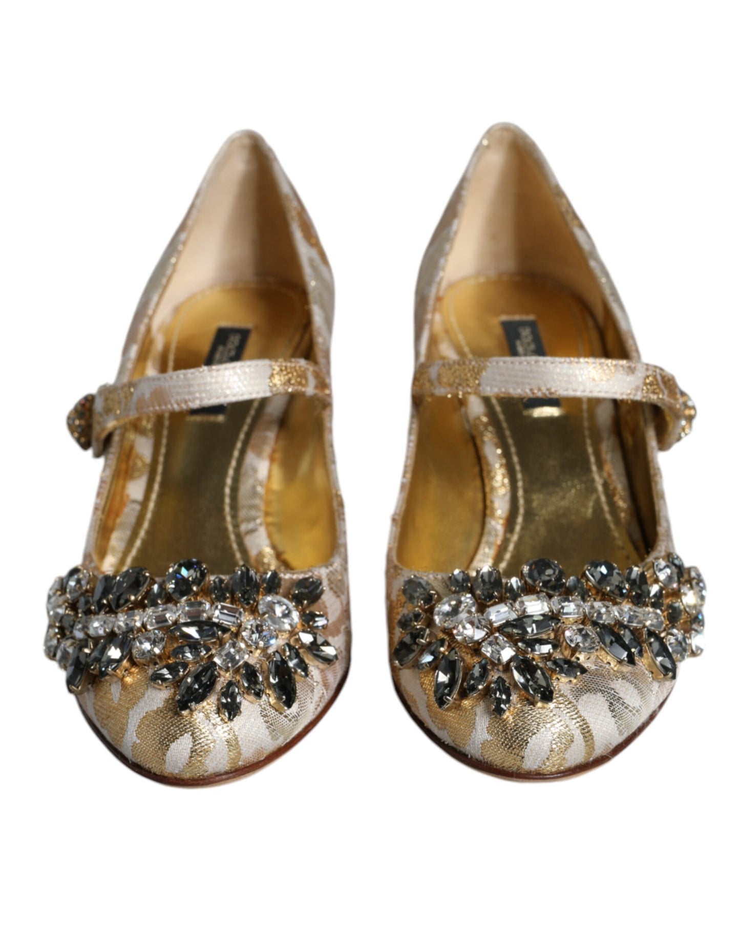 Dolce & Gabbana Gold Jacquard Crystal Mary Janes Pumps Shoes