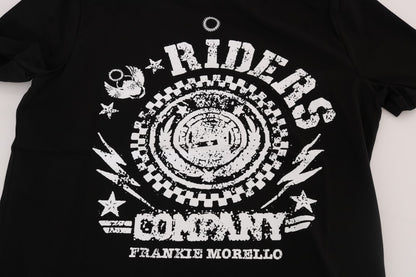 تي شيرت Frankie Morello الأنيق باللون الأسود بياقة دائرية مع شعار "RIDERS".