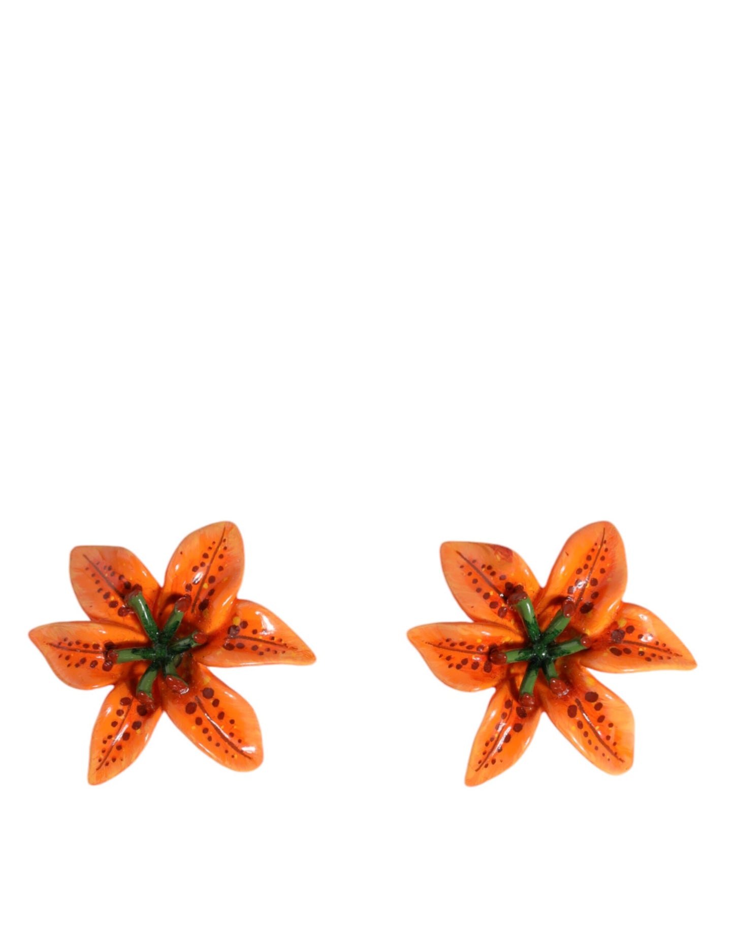 Dolce & Gabbana Orange Green Gold Brass Lily Flower Clip Floral Earrings