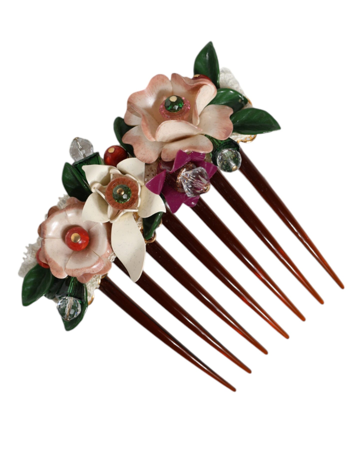 Dolce & Gabbana Brown Plastic Crystal Floral Women Hair Comb