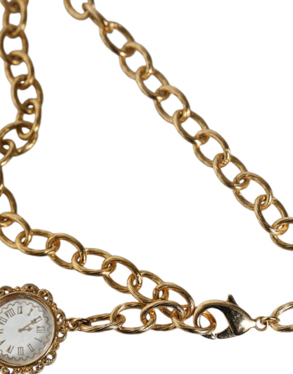 Dolce & Gabbana Gold Chain Brass Crystal Clock Statement Necklace