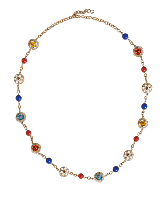 Dolce & Gabbana Gold Tone Brass Chain Floral Crystal Beaded Necklace