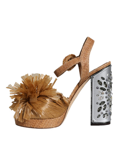 Dolce & Gabbana Brown Raffia Ankle Strap Crystal Sandals Shoes