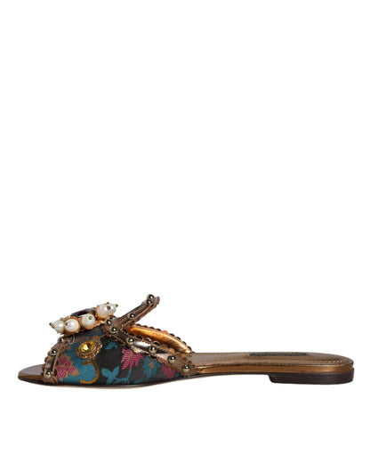 Dolce & Gabbana Multicolor Jacquard Embellished Slides Flats Shoes