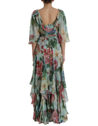 Dolce & Gabbana Blue Floral Print Tiered Long Maxi Dress