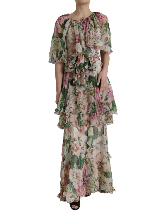 Dolce & Gabbana Multicolor Floral Silk Tiered Long Maxi Dress