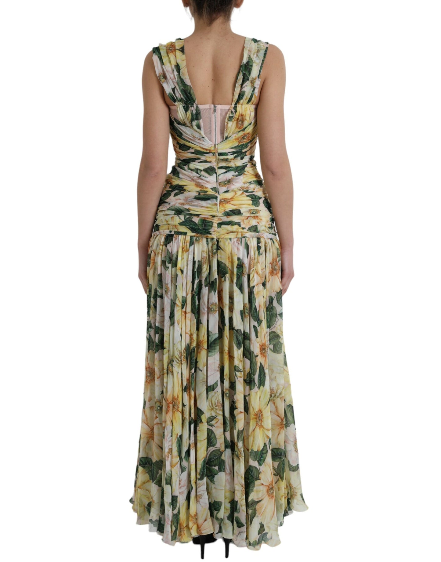 Dolce & Gabbana Yellow Floral Print Silk Pleated Maxi Dress