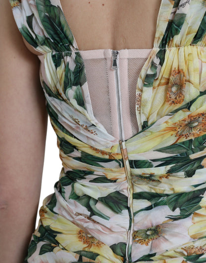 Dolce & Gabbana Yellow Floral Print Silk Pleated Maxi Dress