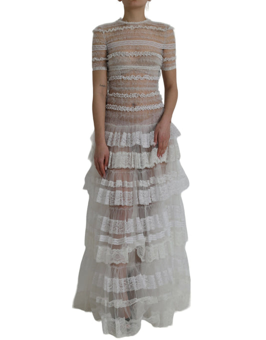 Dolce & Gabbana White Nylon Sheer Tiered Lace Maxi Dress