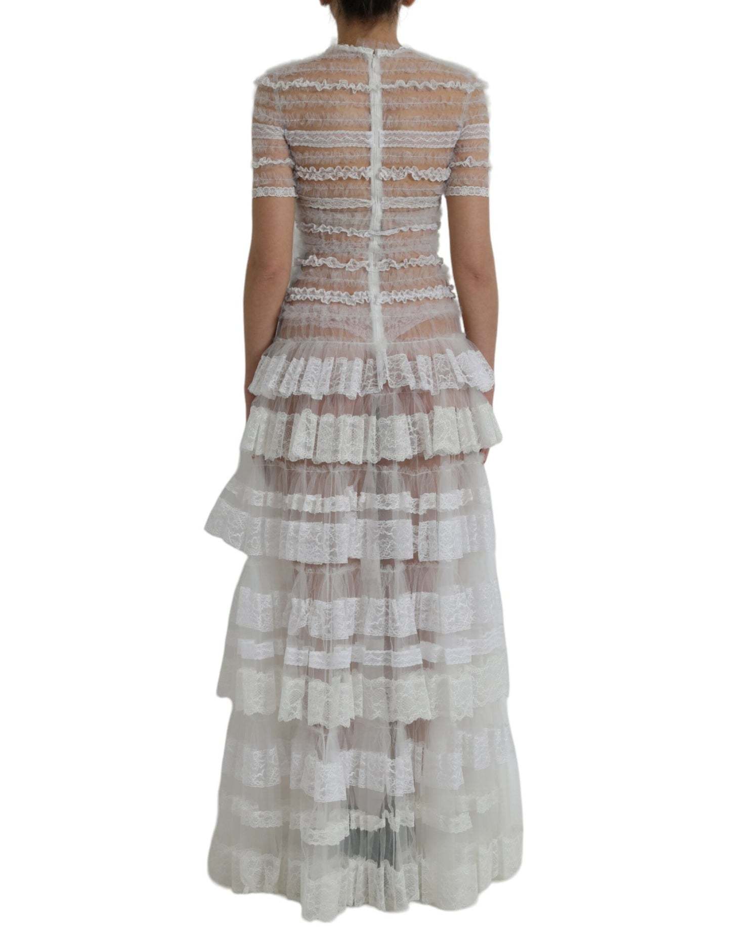 Dolce & Gabbana White Nylon Sheer Tiered Lace Maxi Dress