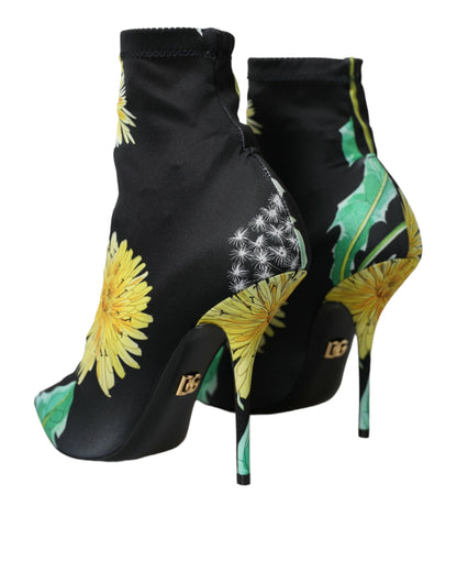 Dolce & Gabbana Black Floral Jersey Stretch Ankle Boots Shoes
