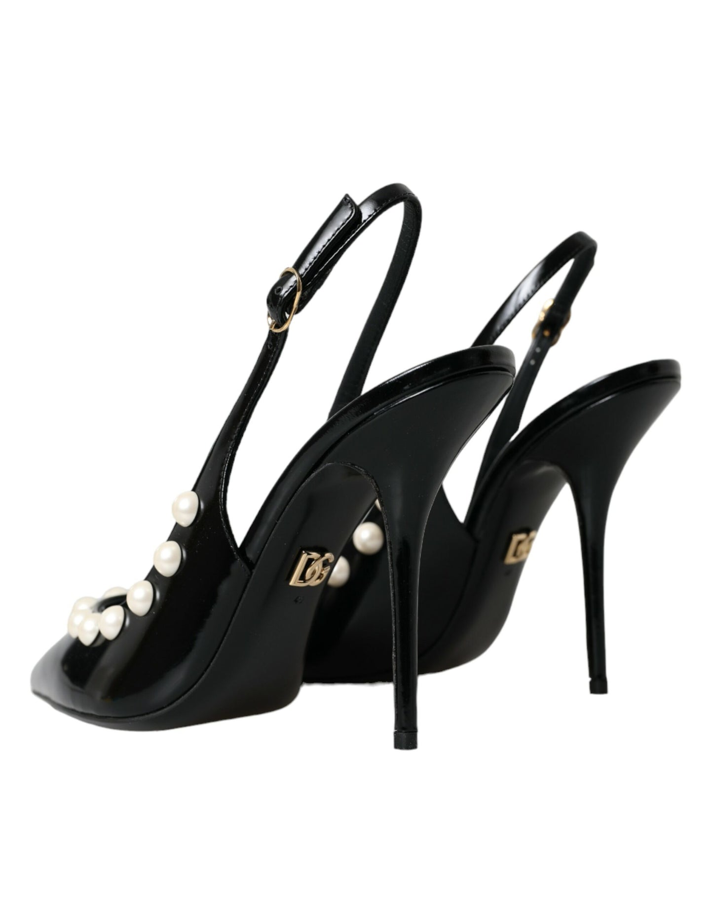 Dolce & Gabbana Black Leather Faux Pearl Heel Slingback Shoes