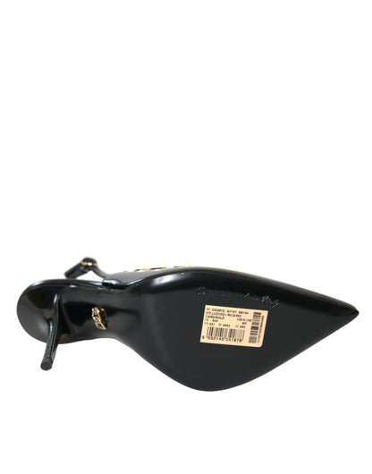 Dolce & Gabbana Black Leather Faux Pearl Heel Slingback Shoes