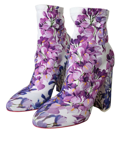 Dolce & Gabbana White Floral Jersey Stretch Boots Shoes