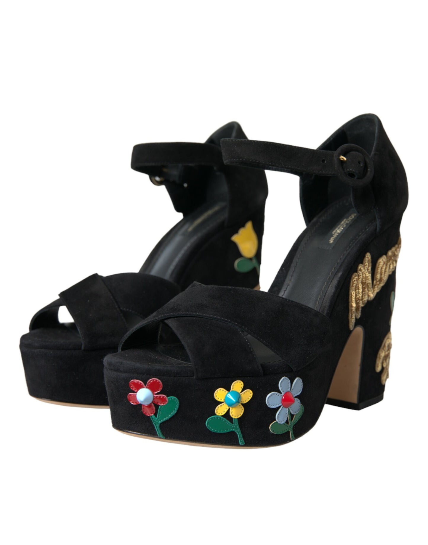 Dolce & Gabbana Black Suede Ankle Strap Heels Sandals Shoes