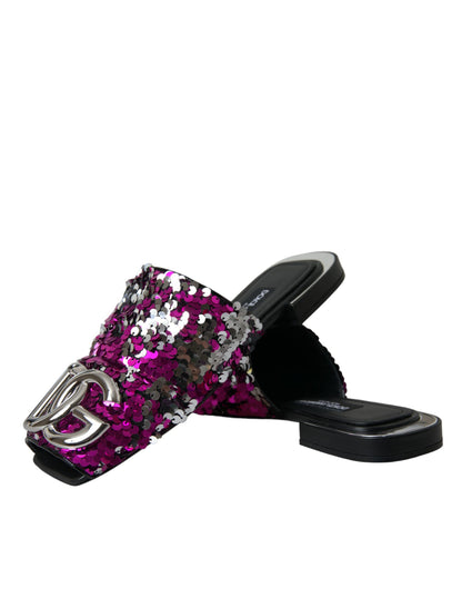 Dolce & Gabbana Fuchsia Sequin Logo Slides Sandals Shoes