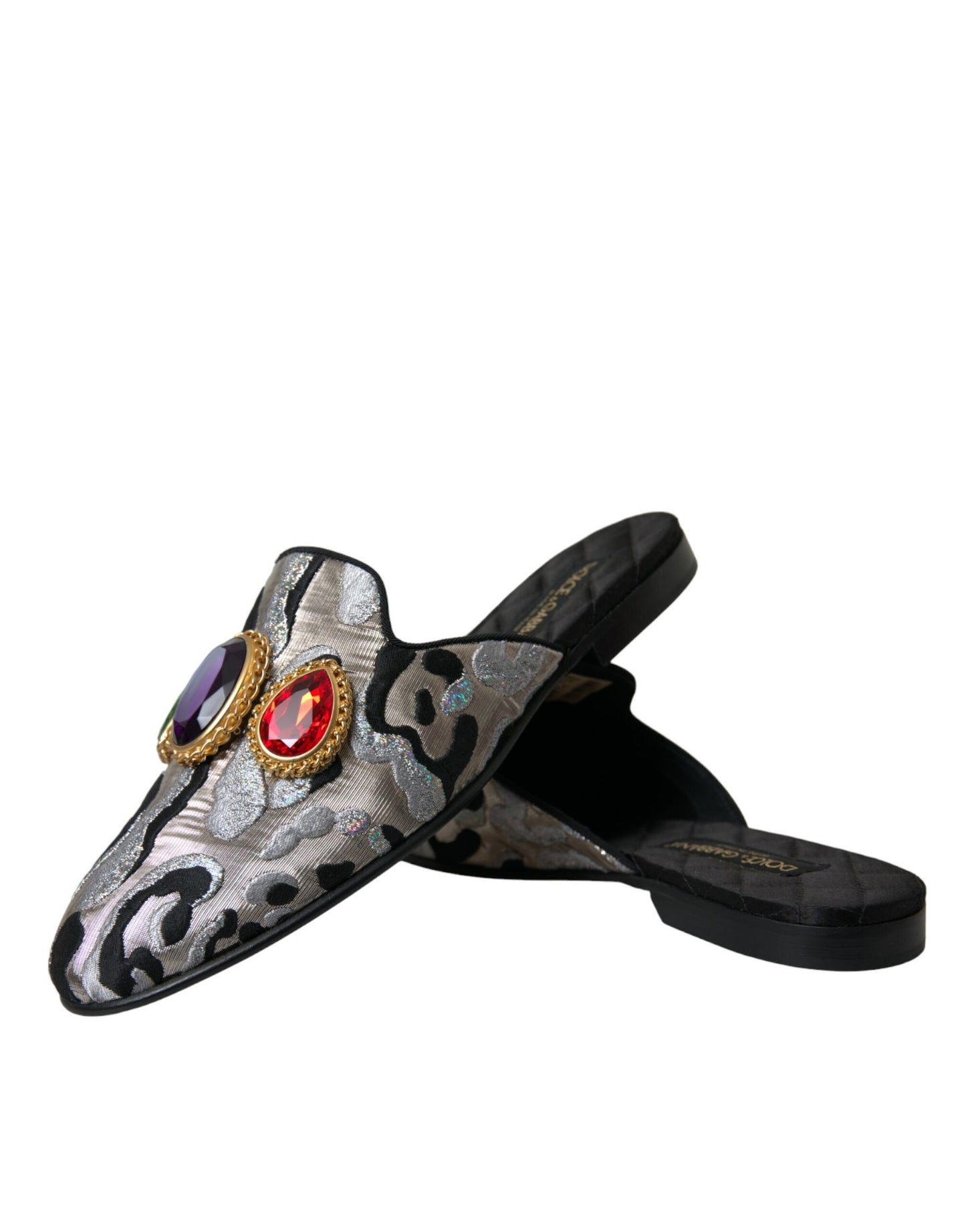 Dolce & Gabbana Gray Jacquard Crystal Mule Flat Sandals Shoes