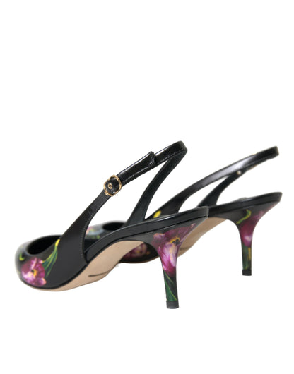 Dolce & Gabbana Black Floral Leather Heels Slingback Shoes