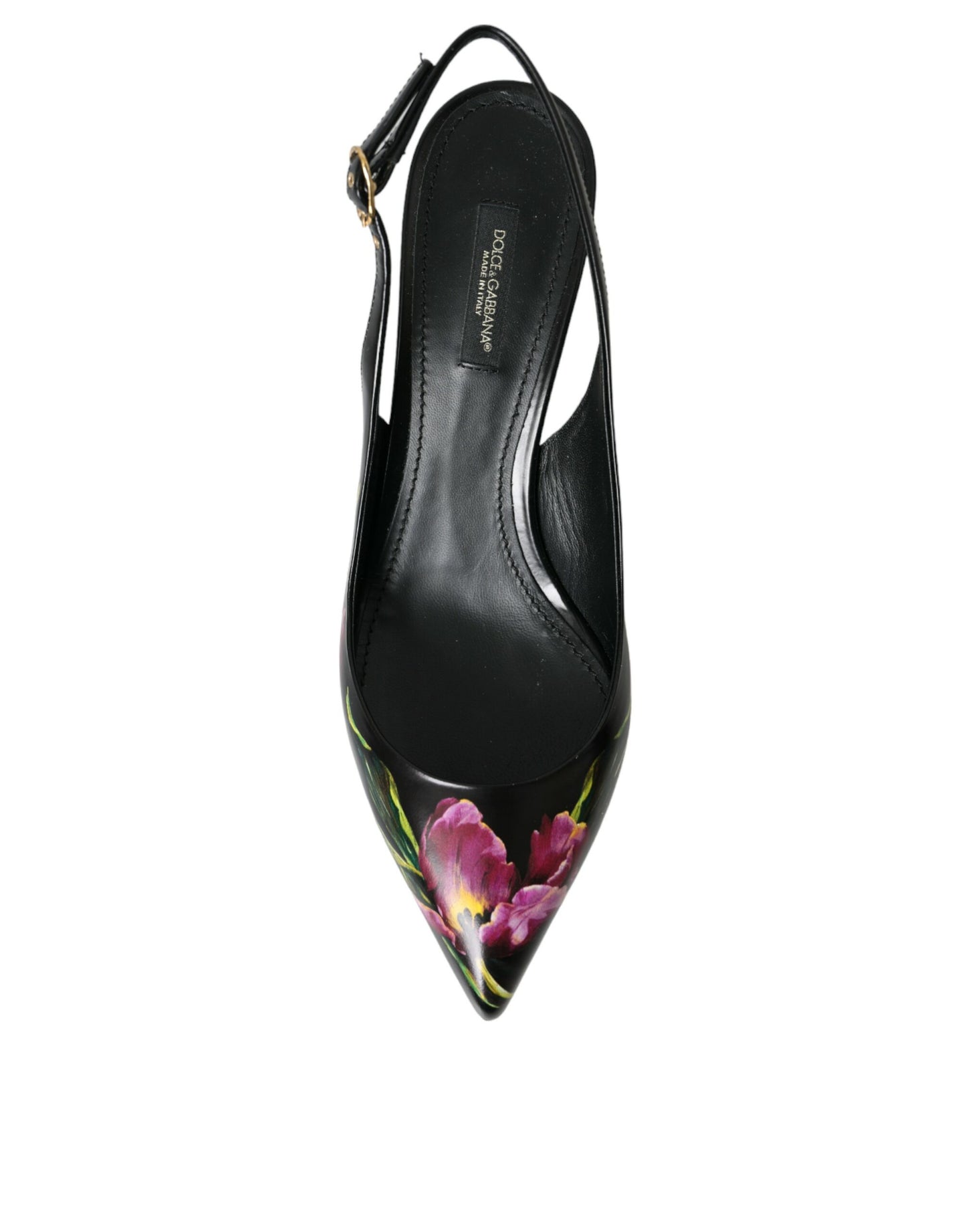 Dolce & Gabbana Black Floral Leather Heels Slingback Shoes