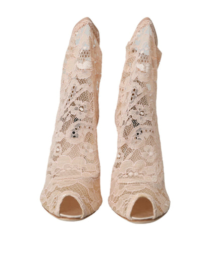 Dolce & Gabbana Beige Stretch Taormina Lace Boots Shoes