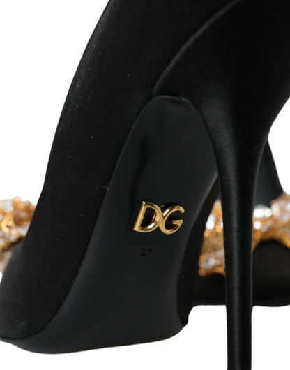 Dolce & Gabbana Black Satin Bow Crystal Heels Pumps Shoes