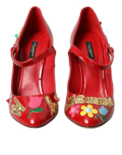 Dolce & Gabbana Red Leather Embellished Mary Jane Pumps Heels Shoes