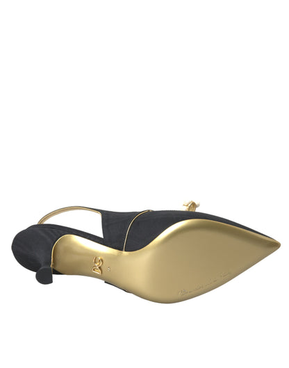 Dolce & Gabbana Black Leather Faux Pearls Slingbacks Shoes