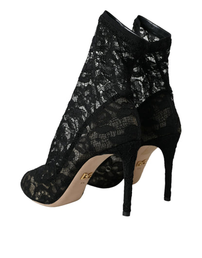 Dolce & Gabbana Black Stretch Taormina Lace Boots Shoes