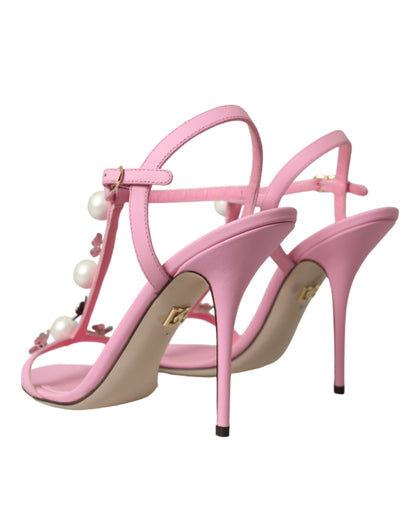 Dolce & Gabbana Pink Leather Embellished Heels Sandals Shoes