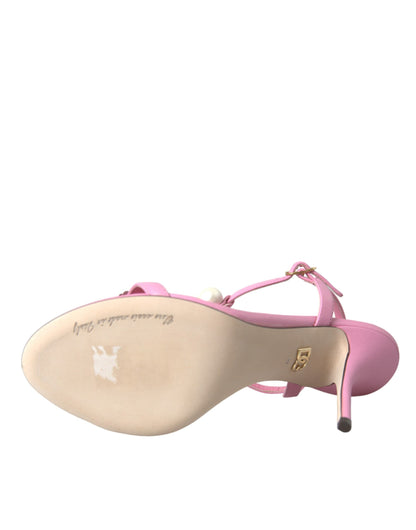 Dolce & Gabbana Pink Leather Embellished Heels Sandals Shoes