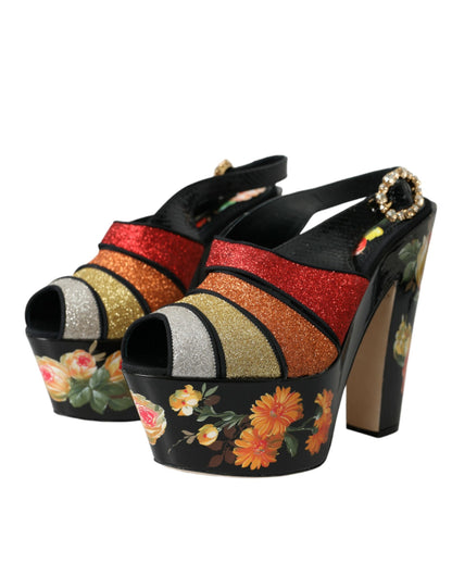 Dolce & Gabbana Multicolor Floral Crystal Platform Sandals Shoes