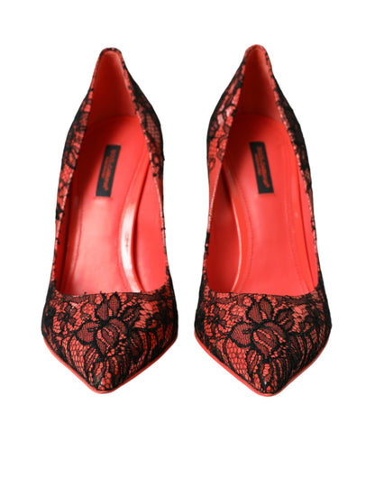 Dolce & Gabbana Orange Black Lace Leather Heels Pumps Shoes