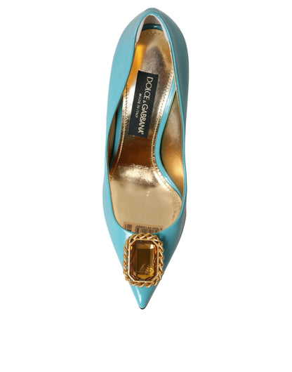 Dolce & Gabbana Blue Gold Leather Crystals Heels Pumps Shoes