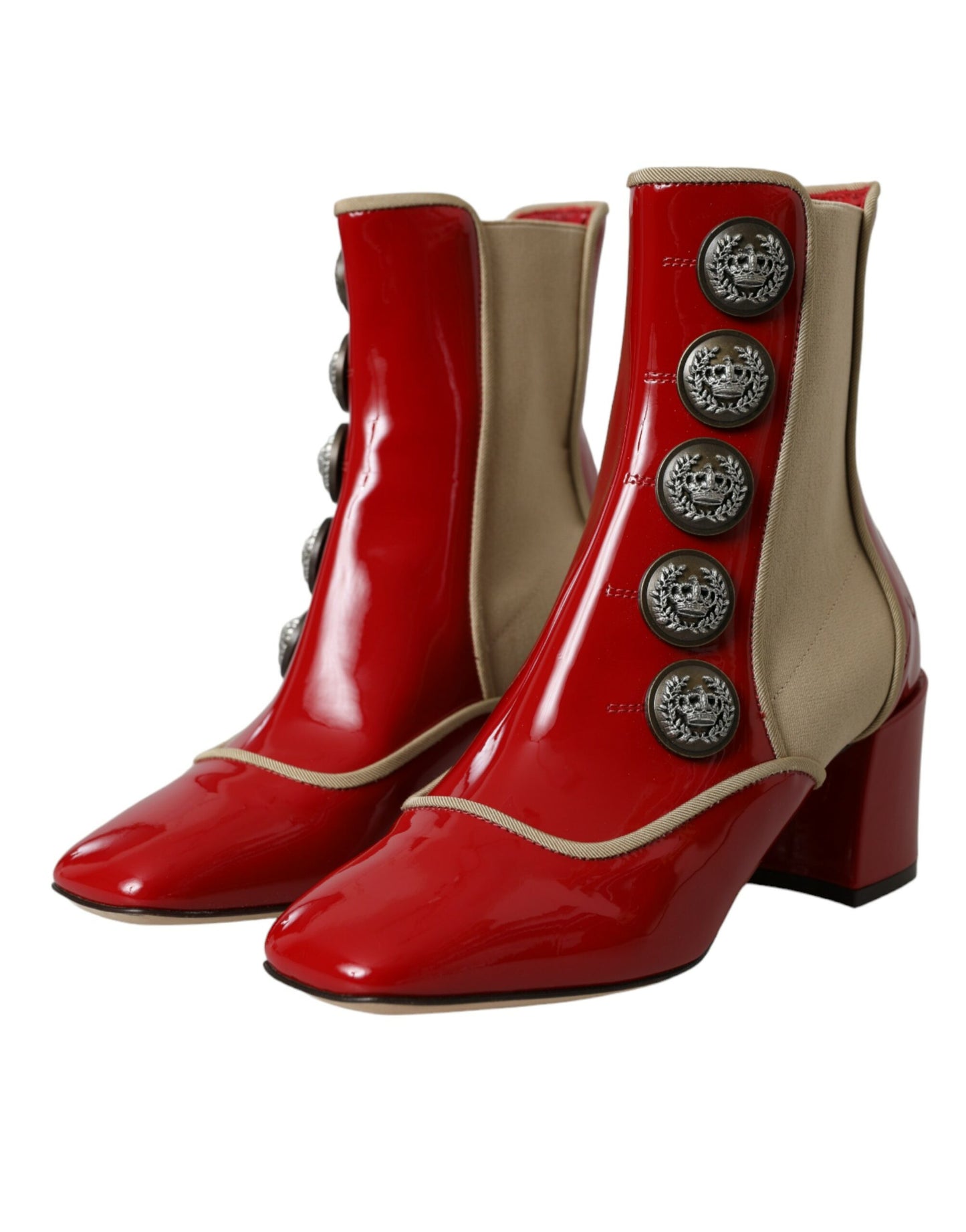 Dolce & Gabbana Red Beige Leather Embellished Mid Calf Boots Shoes