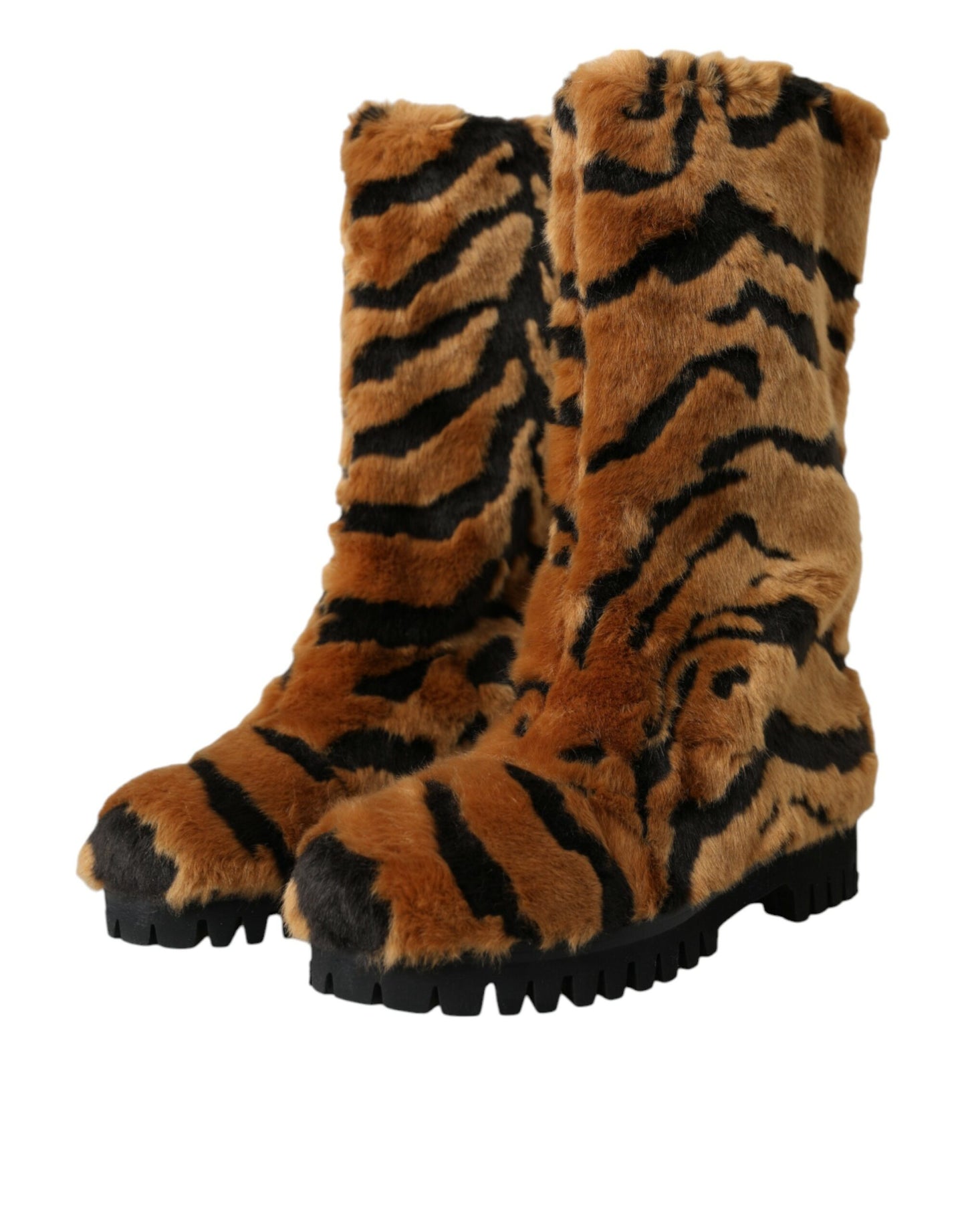 Dolce & Gabbana Brown Tiger Fur Leather Mid Calf Boots Shoes