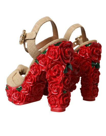 حذاء دولتشي آند غابانا صندل ذو نعل سميك من الكريستال والورود الحمراء