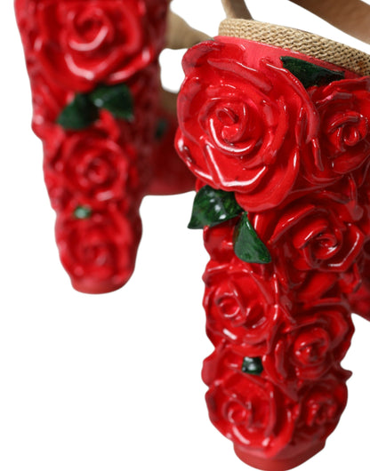 حذاء دولتشي آند غابانا صندل ذو نعل سميك من الكريستال والورود الحمراء