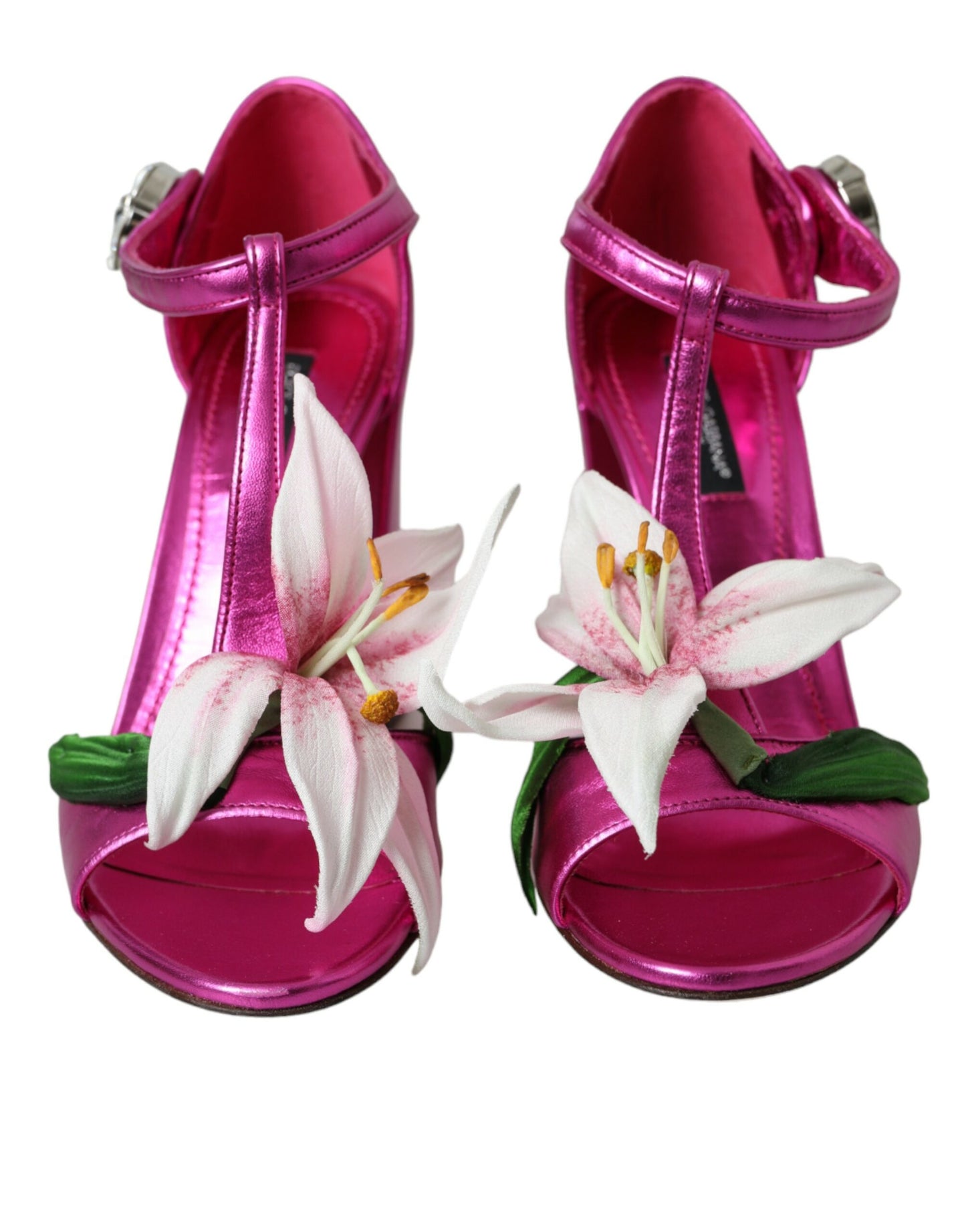 Dolce & Gabbana Pink Leather Crystals Floral Sandals Shoes