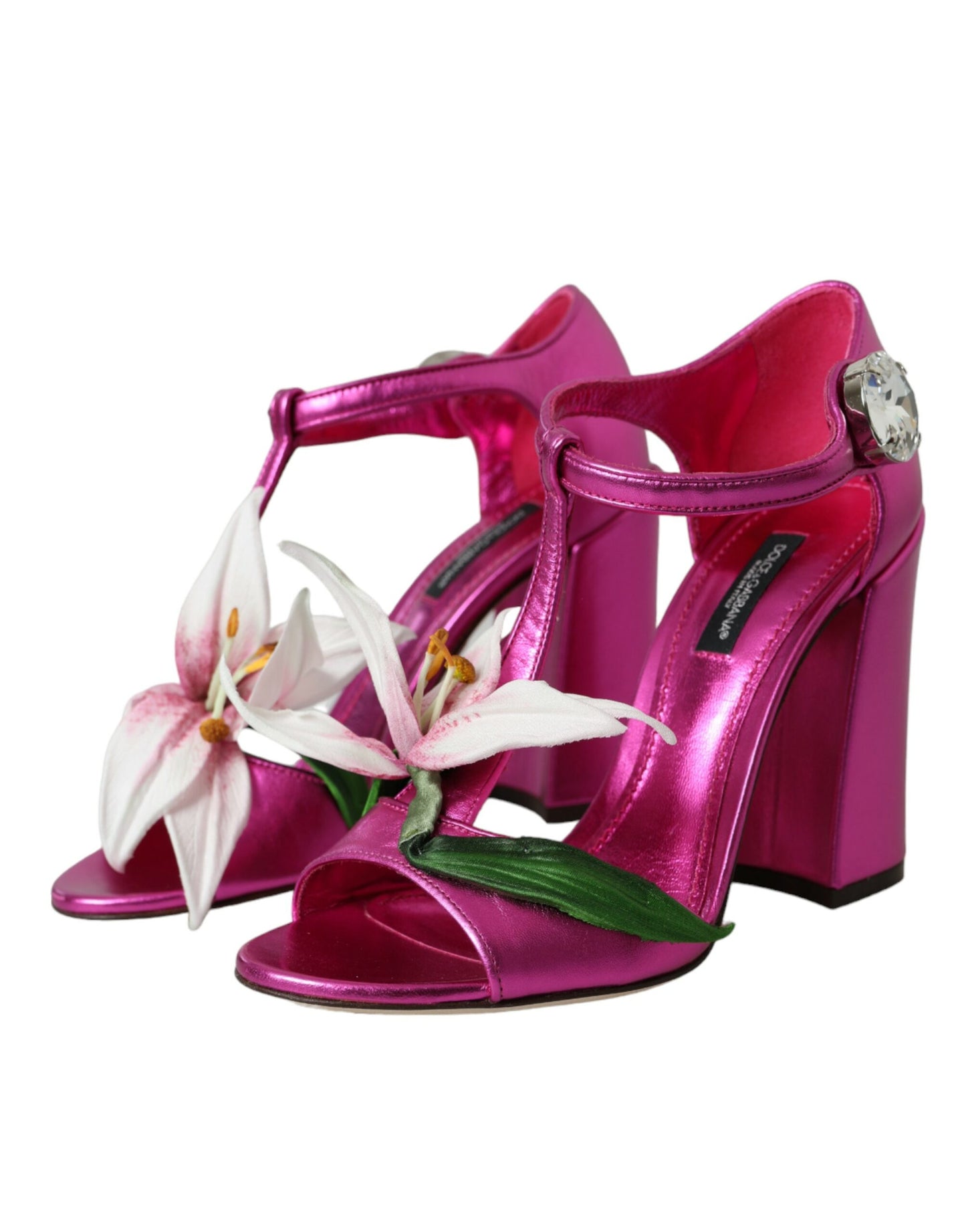 حذاء دولتشي آند غابانا صندل من الجلد الوردي مزين بالكريستال والزهور