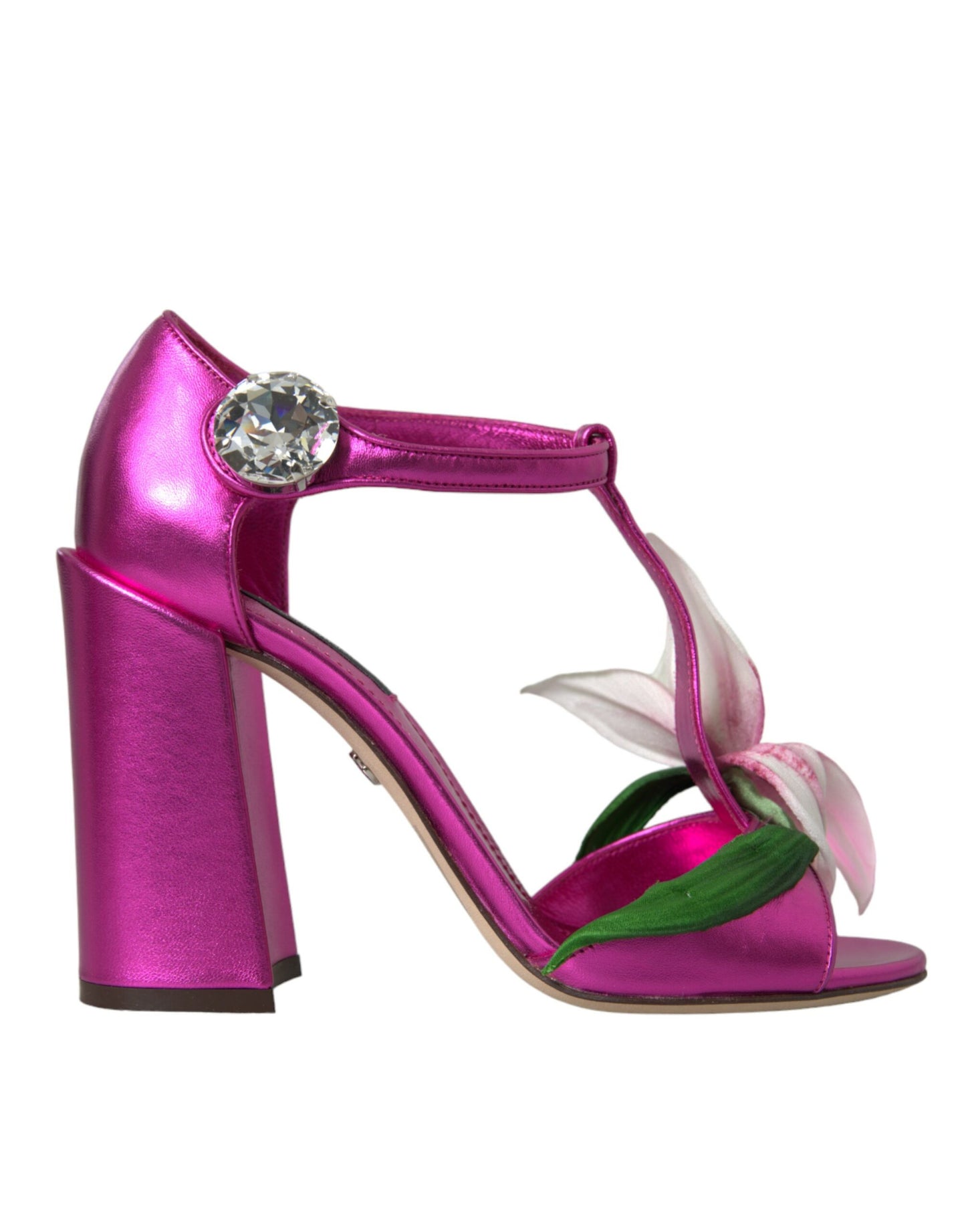 Dolce & Gabbana Pink Leather Crystals Floral Sandals Shoes