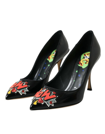 Dolce & Gabbana Black Leather WOW Patch Heels Pumps Shoes