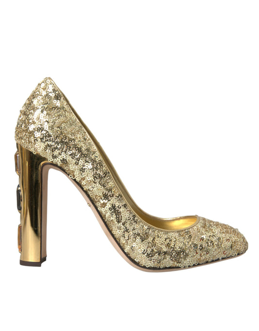 Dolce & Gabbana Gold Sequin Crystal Heels Pumps Shoes