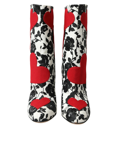 Dolce & Gabbana White Floral Hearts Leather High Boots Shoes