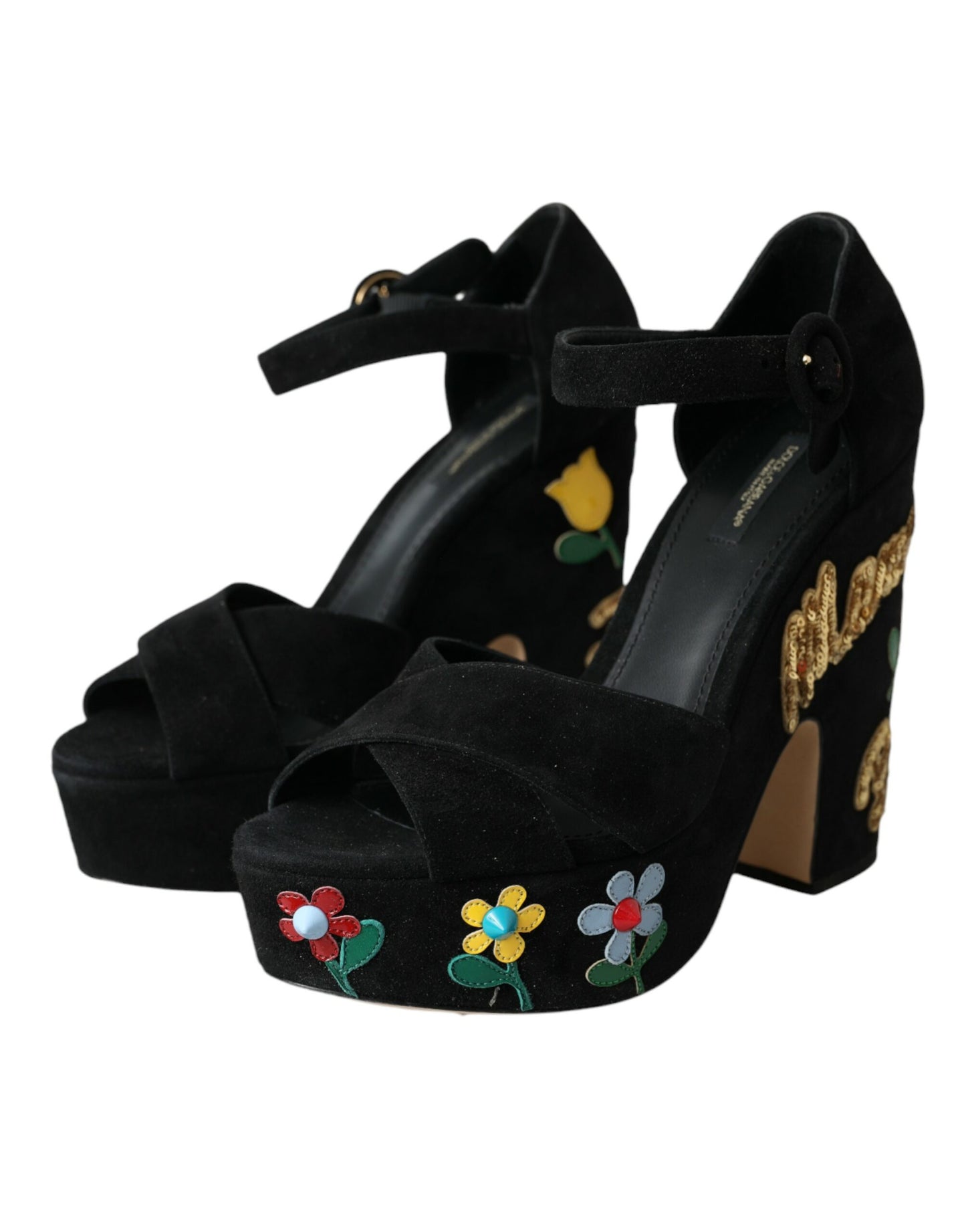 Dolce & Gabbana Black Floral Ankle Strap Heels Sandals Shoes