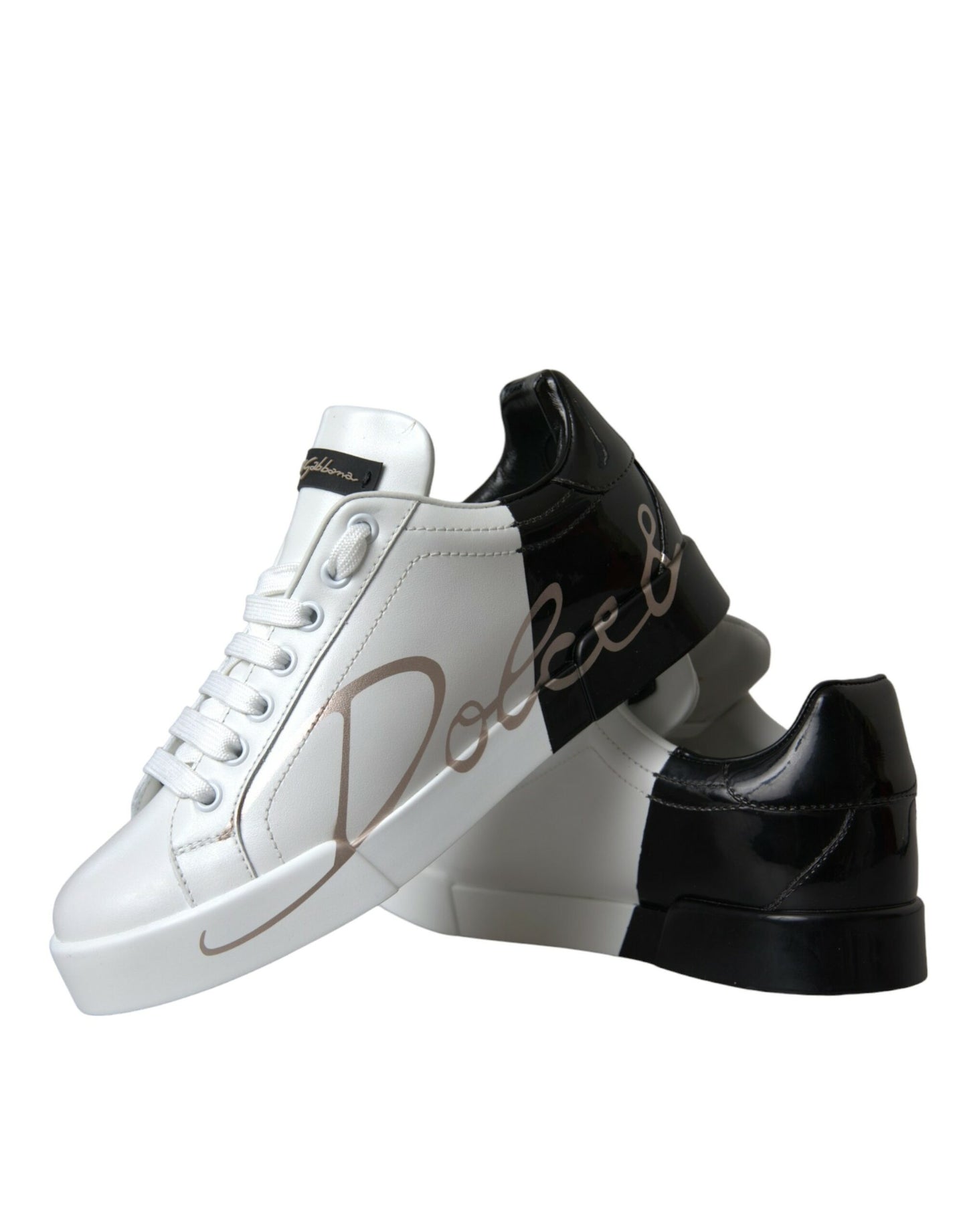 Dolce & Gabbana White Black Portofino Low Top Leather Sneakers Shoes