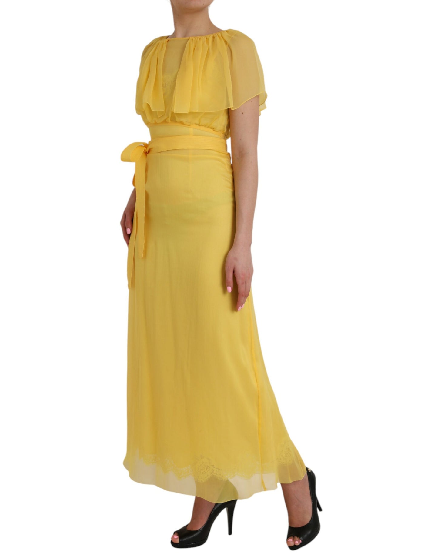 Dolce & Gabbana Yellow Silk Sheath Belted Long Maxi Dress
