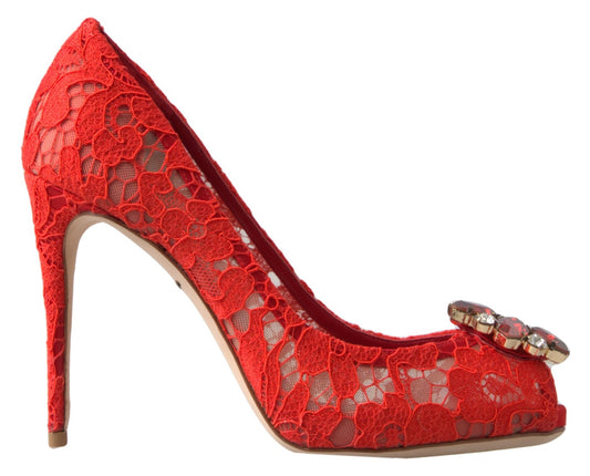 Dolce & Gabbana Chic Red Lace Heels with Crystal Embellishment