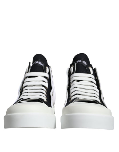 Dolce & Gabbana White Black Cotton Logo High Top Sneaker Shoes